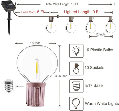 Solar Outdoor String Lights, 15FT G50 Patio Lights String Waterproof with 10 Warm White LED Shatterproof Bulbs, Perfect for Garden, Backyard, Pergola, Party, Cafe, Camping Decoration (15FT)