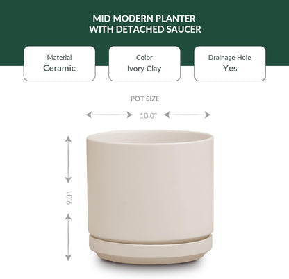 Ceramic Mid Modern Planter Pots with Detached Saucer - Indoor/Outdoor Plant Pots with Drainage Hole