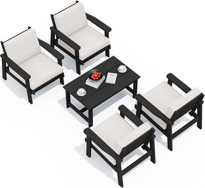 SERWALL Outdoor Patio Furniture Set, 5 Piece HDPE Patio Conversation Sets, All-Weather Wood-Like Outdoor Couch Loveseat and Coffee Table with Thick Cushions for Porch Balcony Garden Backyard