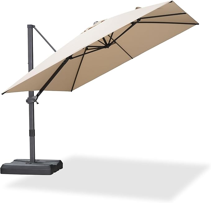 PURPLE LEAF 10' × 10' Patio Cantilever Umbrella Outdoor Square Adjustable Offset Umbrellas with 360-degree Rotation and 8 Heavy Duty Metal Ribs for Garden Deck Pool Beige