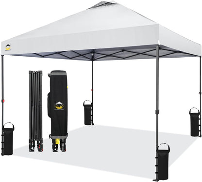 CROWN SHADES 10x10 Pop Up Canopy - Patented Center Lock One Push Instant Outdoor Canopy Beach Tent with STO-N-Go Bag 8 Stakes & 4 Sand Bags，White