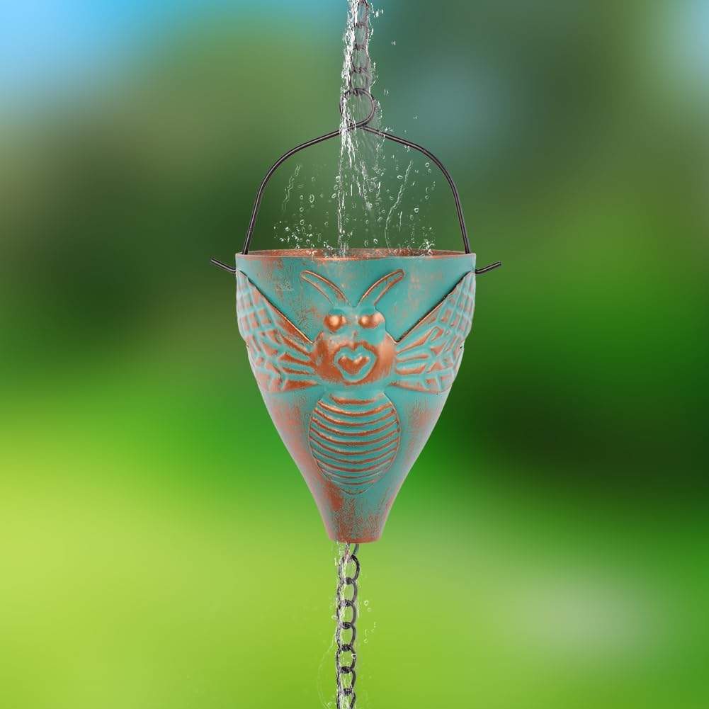 10 FT Rain Chain for Outside, Rain Chain with 10 Bee Pattern Cups Adjustable Rain Catcher Chain for Gutters, Eaves, Drainage, Replacement for Downpout