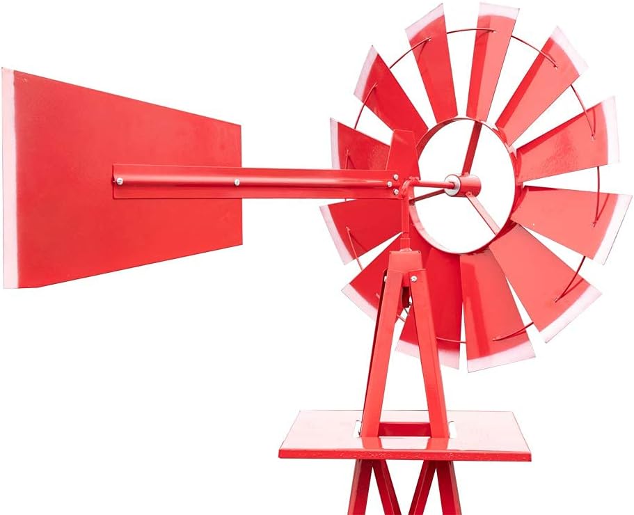 8FT Windmill for Yard Garden Decoration with Weather Vanes，Heavy Duty Outdoor Wind Mills, Large Metal Outdoor Windmill,Weather Resistant,Red