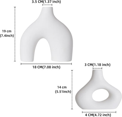 CEMABT White Ceramic Vase Set of 2 for Modern Minimalist Bohemian Decor，Round Matte Donut Vases for Pampas Grass-Perfect for Living Room, Dining Table, Office Bedroom Shelf Decor Entryway, Console