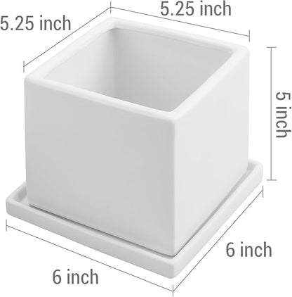 MyGift Modern White Ceramic Small Plant Pot, Decorative Square Flower Succulent Planter, Set of 2
