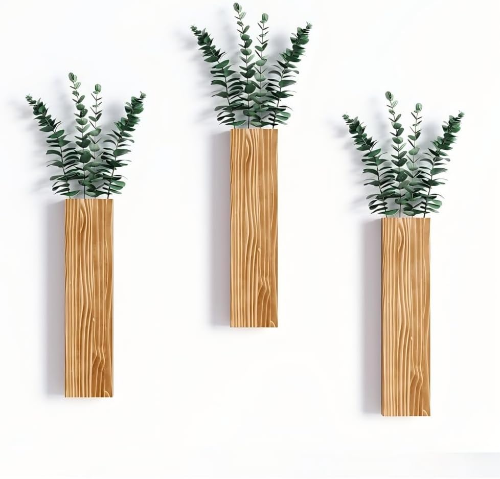 Wall Planters for Indoor Plants, Wood Wall Planter Vase Wall Decor for Living Room, Decorative Vases for Dried Flowers, Brown