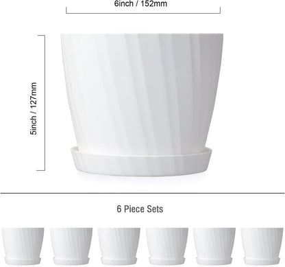6 Inch Plant Pots Bulk, 6 Pack Plastic Planters with Drainage Holes and Saucers for Indoor Outdoor House Plants and Flowers, White