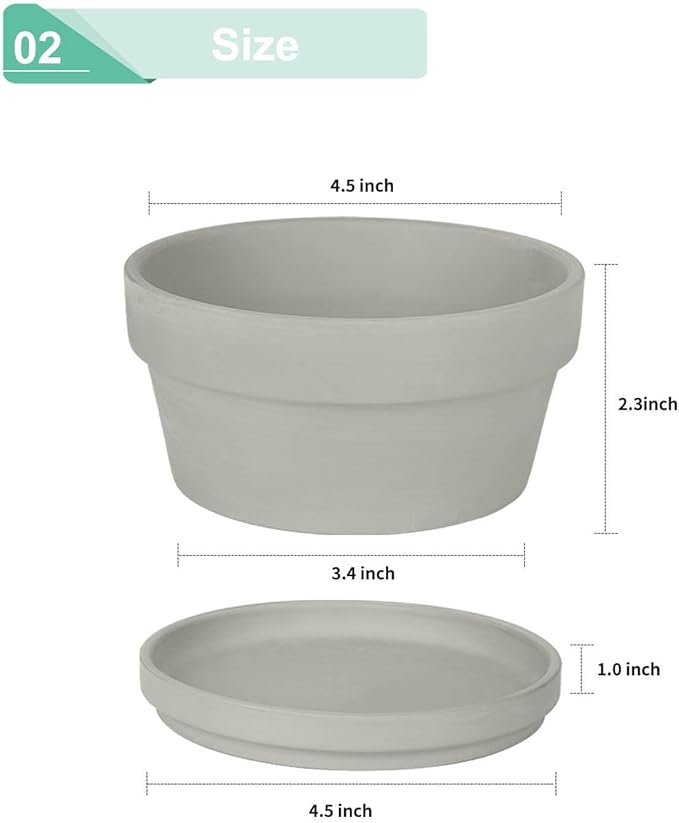 vensovo 4.5 Inch Grey Terracotta Shallow Succulent Pots - 6 Pack Terra Cotta Clay Pot with Saucer, Cacuts Indoor and Outdoor Planters with Drainage Hole