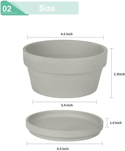 vensovo 4.5 Inch Grey Terracotta Shallow Succulent Pots - 6 Pack Terra Cotta Clay Pot with Saucer, Cacuts Indoor and Outdoor Planters with Drainage Hole