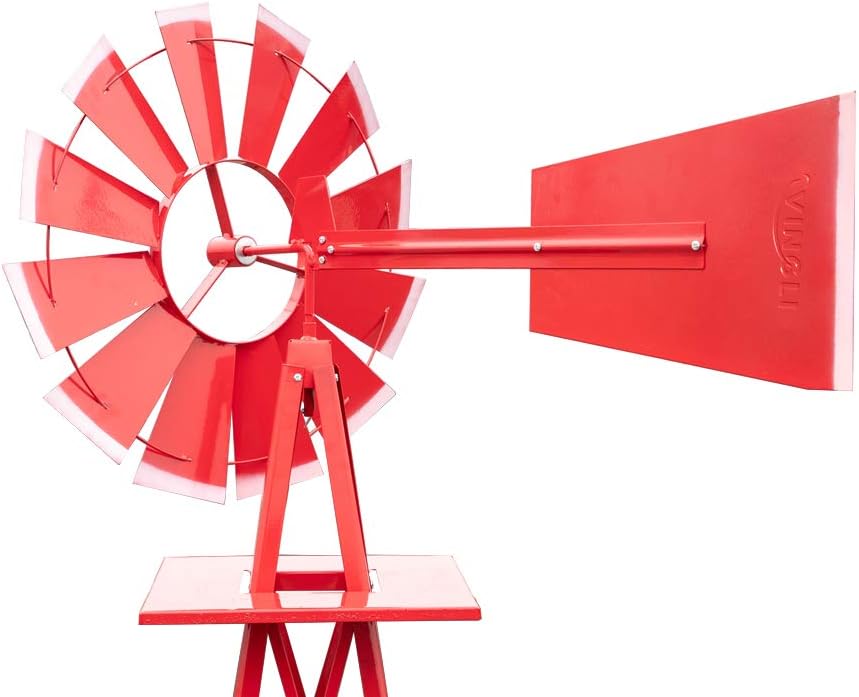 VINGLI 8FT Metal Windmill Ornamental Spinner Backyard Garden Decoration Weather Vane, Heavy Duty Wind Mill w/ 4 Legs Design, Red