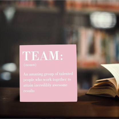 HTBIG Inspirational Team Noun Office Decor Desk Decor Wooden Box Sign Rustic Pink Wood Block Plaque Box Sign for Home Office Desk Shelf Table Decoration Coworker Gift Team Definition Teamwork Sign