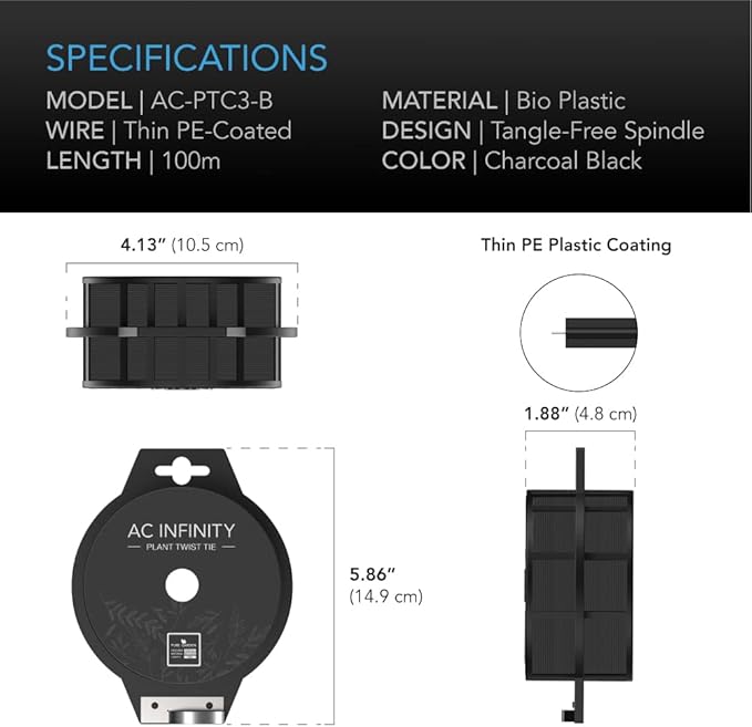 AC Infinity Twist Ties with Built-in Cutter, 100m (328 ft.) All-Purpose Reusable Black Wire Plant Ties, for Gardening, Plant Support, and Home Office Organization