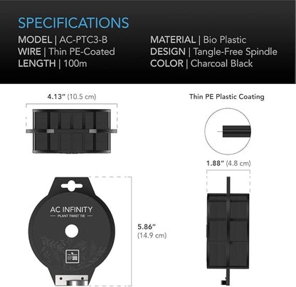 AC Infinity Twist Ties with Built-in Cutter, 100m (328 ft.) All-Purpose Reusable Black Wire Plant Ties, for Gardening, Plant Support, and Home Office Organization