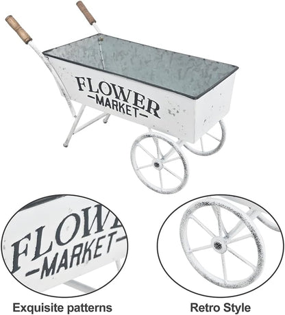 15 Inch Farmhouse Small Flower Cart with Wooden Handles Metal Wagon Planters for Outdoor Plants Decorative Wheelbarrow Plant Cart for Patio Garden Balcony White