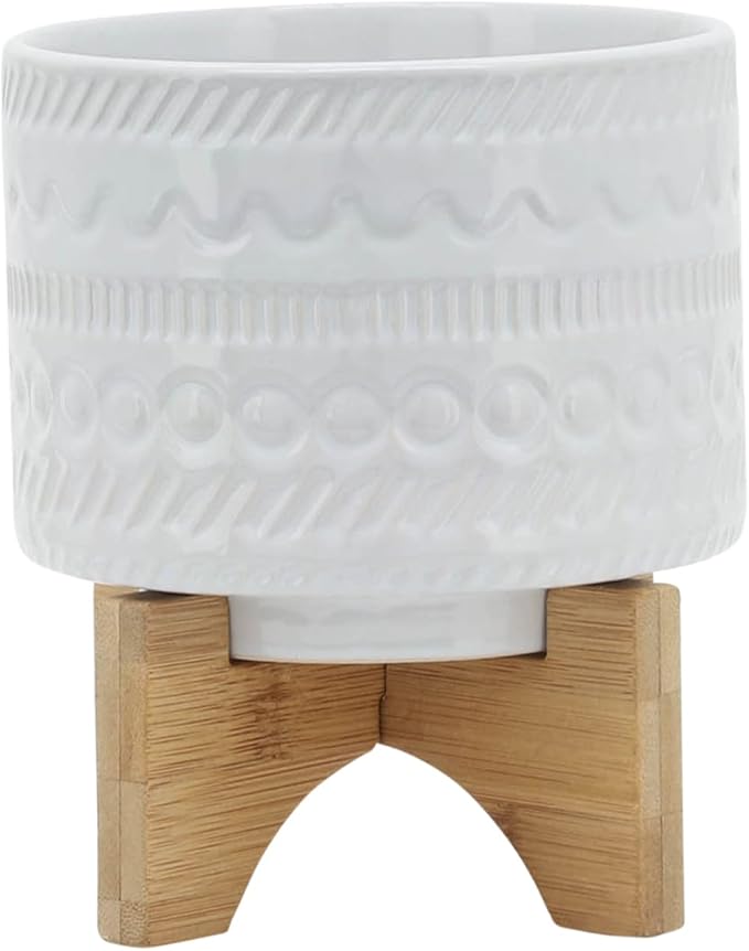 Sagebrook Home Modern Ceramic Planter with Stand - White Stoneware Pot with Bamboo Base - Indoor & Outdoor Decorative Plant Holder - 8" White