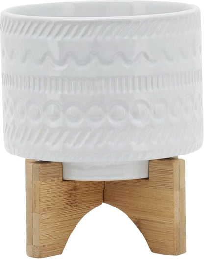 Sagebrook Home Modern Ceramic Planter with Stand - White Stoneware Pot with Bamboo Base - Indoor & Outdoor Decorative Plant Holder - 8" White