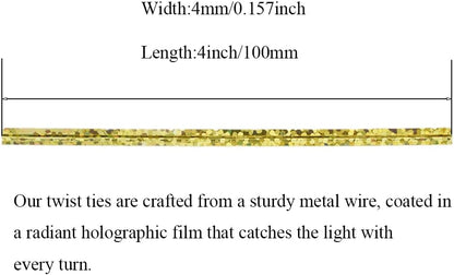 HAHIYO 300Pcs 4inches Holographic Gold Metal Twist Ties Bread Candy Coffee Bag Ties Plant Garden Twist Ties for Cellophane Treat Bags Gift Wraping Bags Plastic Bags Party Cake Present Art Crafts