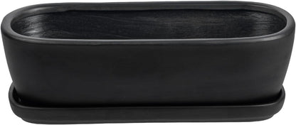 MyGift 14 Inch Oval Modern Matte Black Ceramic Succulent Planter Pot with Drainage Hole and Removable Saucer, Decorative Indoor House Plant Container for Flowers, Cactus, Herbs