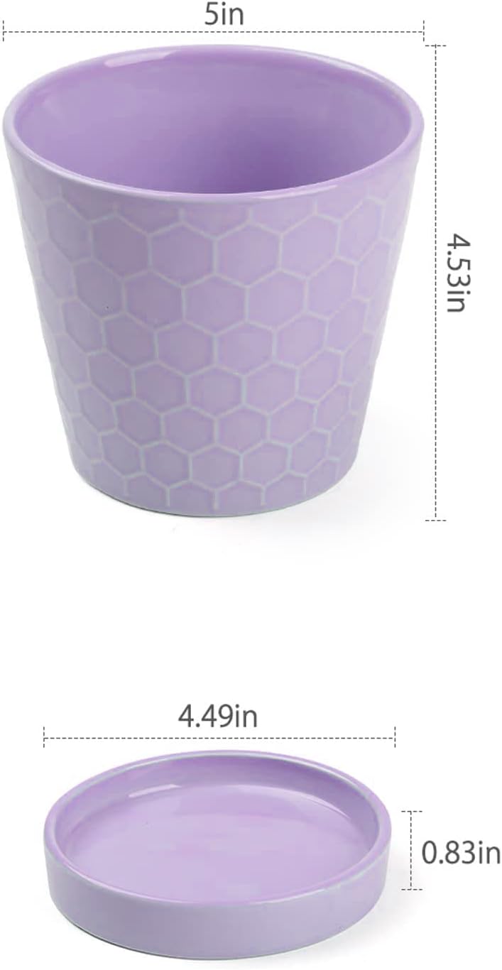 EFISPSS Flower Planter –5 inch Ceramic Plant Pots with Drainage Holes and Ceramic Tray - Gardening Home Desktop Office Windowsill Decoration Gift Set of 4 - Purple