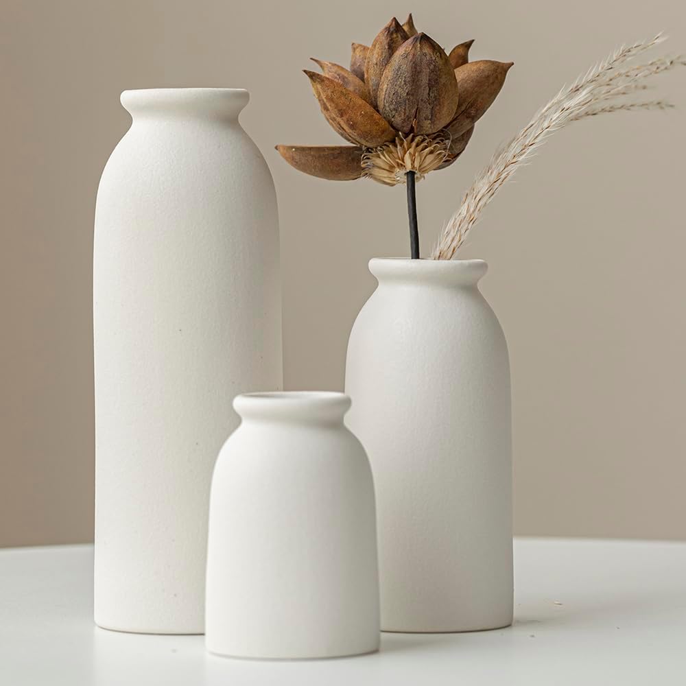 Ceramic Vase Set-3, Small Flower Vases for Decor, Modern Boho Farmhouse Style, Decorative Shelf Vases for Pampas Grass & Dried Flowers, Distressed Finish (White)