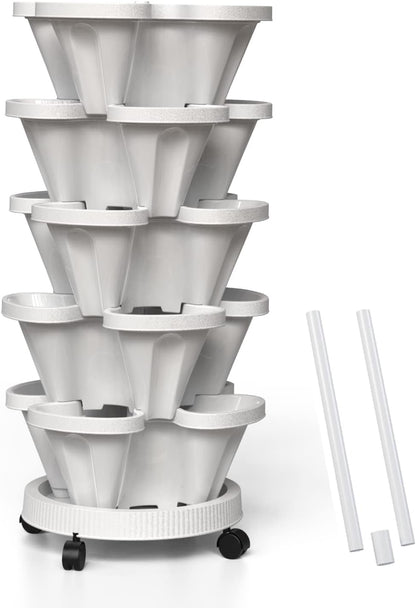 Strawberry Vertical Planters, 5 Tiered Stacking Tower Garden with Support Pole, Stackable Herb Vegetable Planters Indoor and Outdoor - White