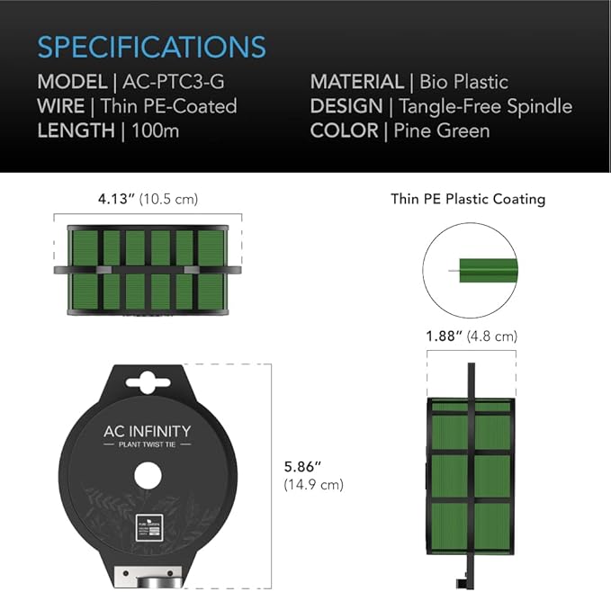 AC Infinity Twist Ties with Built-in Cutter, 100m (328 ft.) All-Purpose Reusable Green Wire Plant Ties, for Gardening, Plant Support, and Home Office Organization