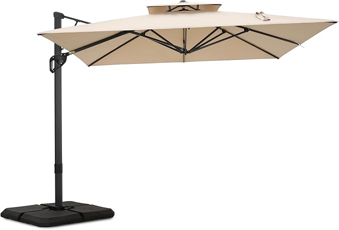 PHI VILLA Cantilever Patio Umbrella with Base, Outdoor 10ft Large Square Umbrellas with 360°Rotation, Heavy Duty Hydraulic Double Umbrella Windproof for Outside, Pool, Deck, Garden, Porch, Beige