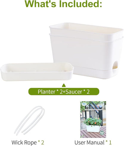 10 Inch Self Watering Planters for Indoor Plants: 2 Packs Rectangular Plant Pots with with Drainage and Tray, Window Pot Self Watering Planter for Herb, Houseplants