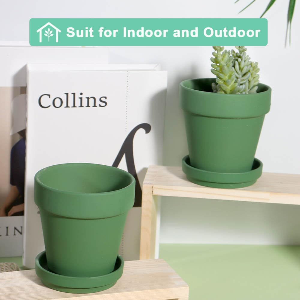 vensovo 6 Inch Green Terracotta & Clay Pots for Plant with Saucer - 4 Pack Medium Terra Cotta Planter with Drainage Hole, Flowerpot for Indoor Outdoor Plants, Crafts, Wedding Favor