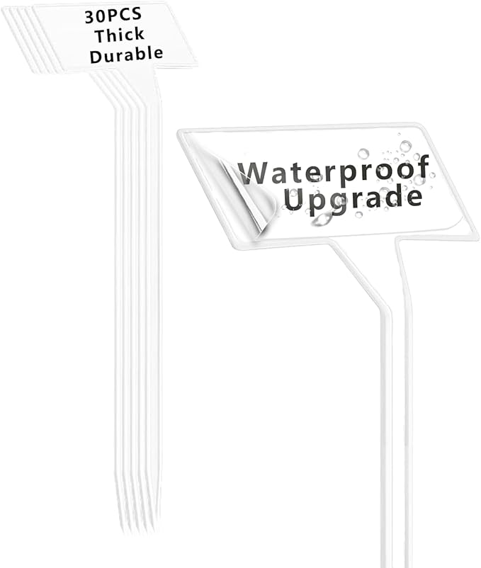 White 30 Pack Outdoor Tall Plant Label, Large Waterproof Plastic Plant T-Type Tags, Durable Nursery Garden Markers, Perfect for Herbs, Flowers, Vegetable with Marking Pen (Height 11.8'')