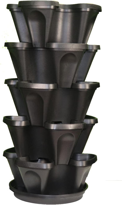 5-Tier 13 inch Strawberry and Herb Garden Planter - Stackable Gardening Pots with 10 Inch Saucer (Black)