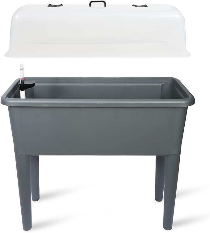 Dexceder 13.2 Gallon Self Watering Raised Garden Bed with Ventilation Transparent Lid Greenhouse, Deepen Vegetable Flower Box Planter Pot with Removeble Legs & Water Level Indicator (Deep Gray)