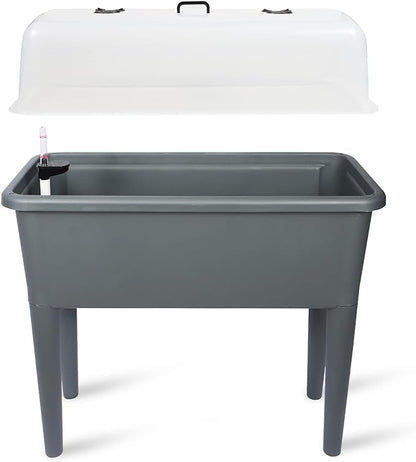 Dexceder 13.2 Gallon Self Watering Raised Garden Bed with Ventilation Transparent Lid Greenhouse, Deepen Vegetable Flower Box Planter Pot with Removeble Legs & Water Level Indicator (Deep Gray)