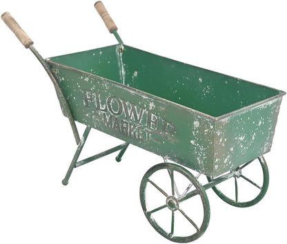 15 Inch Farmhouse Small Flower Cart with Wooden Handles Metal Wagon Planters for Outdoor Plants Decorative Wheelbarrow Plant Cart for Patio Garden Balcony Green