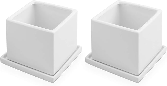 MyGift Modern White Ceramic Small Plant Pot, Decorative Square Flower Succulent Planter, Set of 2