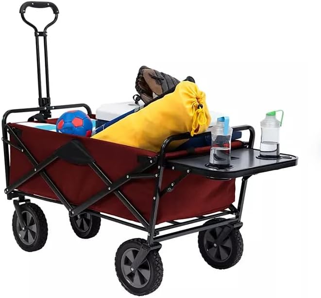 Heavy Duty Steel Frame Collapsible Folding Wagon with Table,150 Pound Capacity Outdoor Camping Garden Utility Wagon Yard Cart (Red, 1PACK)