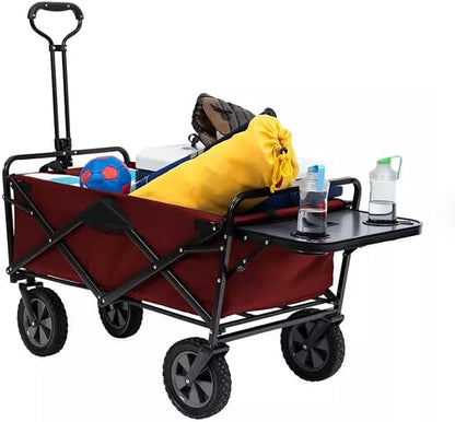 Heavy Duty Steel Frame Collapsible Folding Wagon with Table,150 Pound Capacity Outdoor Camping Garden Utility Wagon Yard Cart (Red, 1PACK)