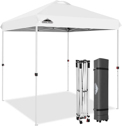 EAGLE PEAK Pop Up Canopy Tent with Wheeled Carry Bag, 8 Stakes, 4 Ropes, Easy Set Up Tent Canopy, 6.6x6.6 ft, White