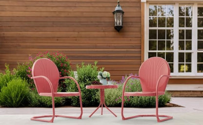 Patio Bistro Set Retro Metal Outdoor Seating Conversation 3 Pieces, 2 C-Spring Motion Armchairs and Round Side Table, for Porch, Lawn, Garden, Pink