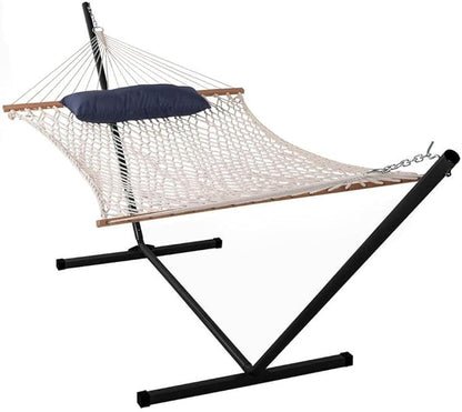 Lazy Daze Hammocks Double Rope Hammock with Stand Include, 12 Feet Traditional Cotton Rope with Pillow for Outside, Backyard, Patio, Garden, Blue Pillow