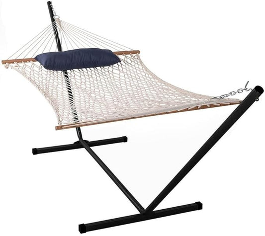 Lazy Daze Hammocks Double Rope Hammock with Stand Include, 12 Feet Traditional Cotton Rope with Pillow for Outside, Backyard, Patio, Garden, Blue Pillow
