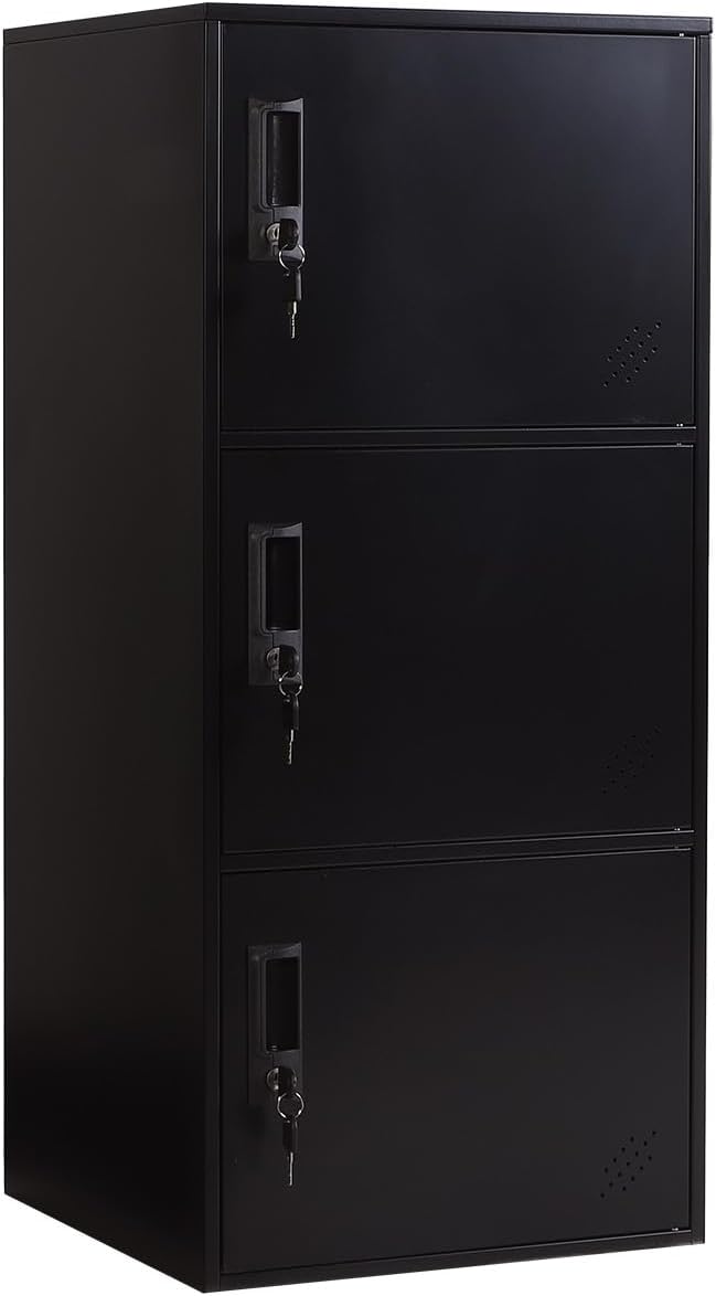 3 Door Metal Vertical Storage Locker for School, Office, Home,Gym,Stackable Steel Storage Cabinet with Lock,Anti-Falling Device. (3 Door, Black)