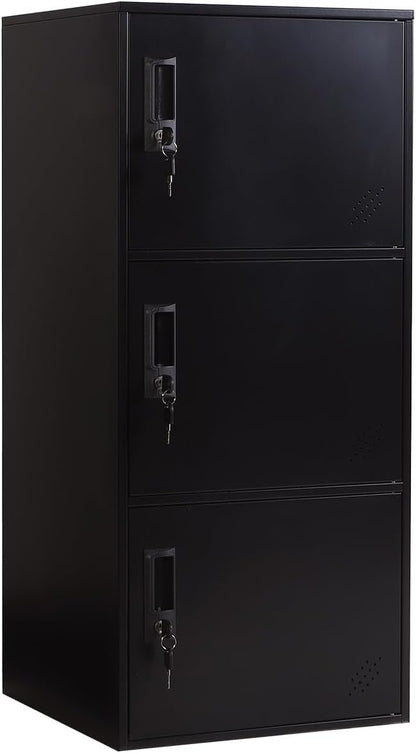 3 Door Metal Vertical Storage Locker for School, Office, Home,Gym,Stackable Steel Storage Cabinet with Lock,Anti-Falling Device. (3 Door, Black)