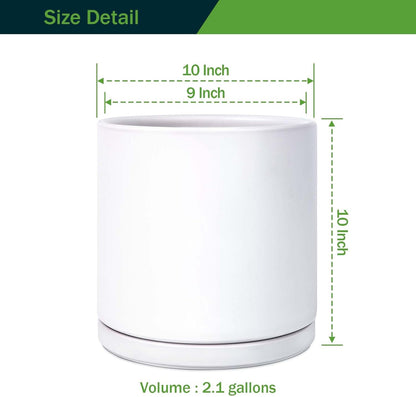 Kazeila Plant Pots Ceramic Planter for Indoor Outdoor Plants Flowers 10 Inch Matte White Large Cylinder Flower Pot with Saucer and Drainage Hole,Glazed Finish Interior and Exterior