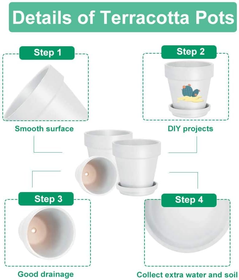 vensovo 6 Inch White Terracotta & Clay Pots for Plant with Saucer - 4 Pack Medium Terra Cotta Planter with Drainage Hole, Flowerpot for Indoor Outdoor Plants, Crafts, Wedding Favor