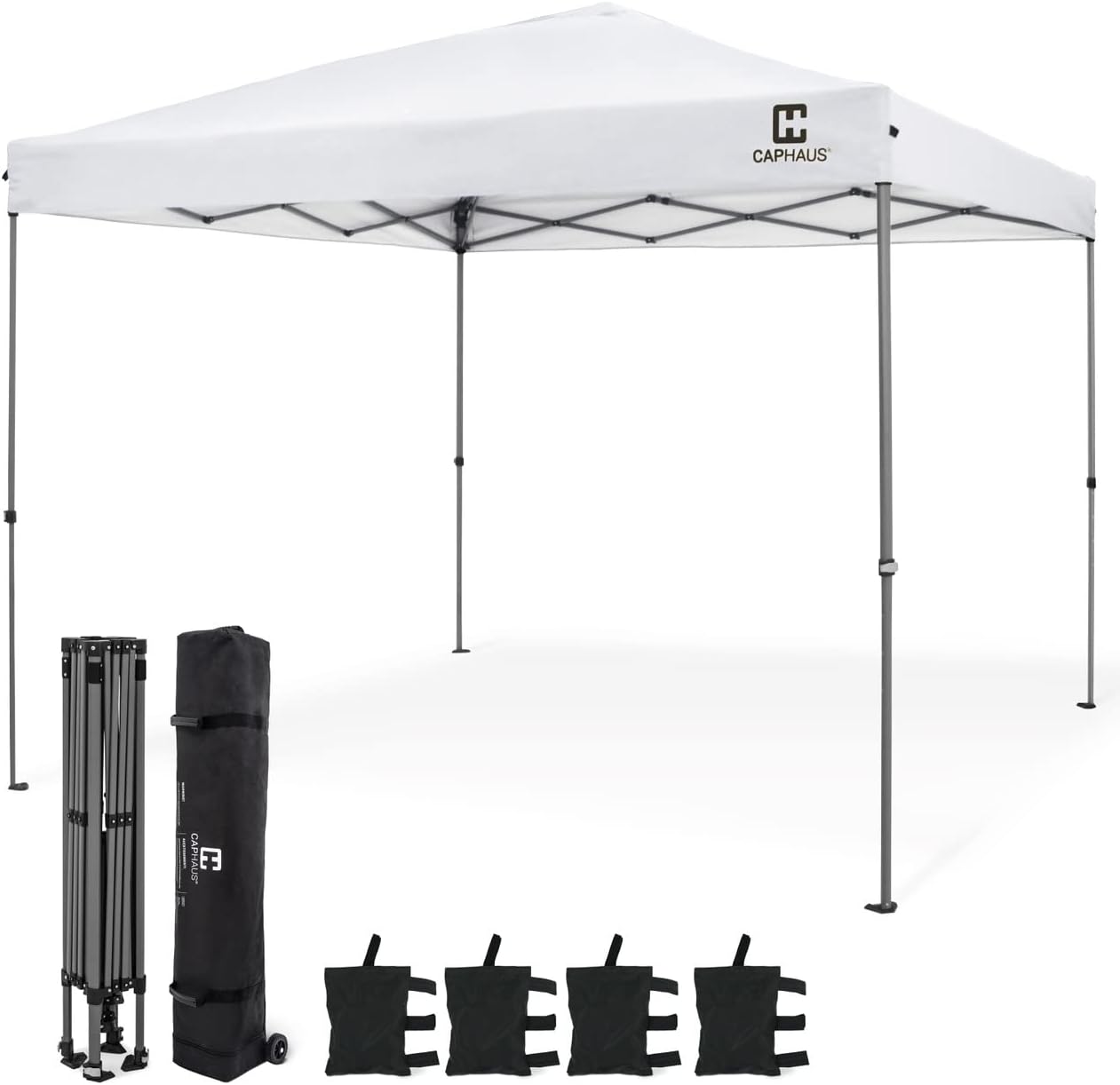 CAPHAUS Patented One-Push Pop Up Outdoor Canopy Tent, Heavy-Duty Commercial Grade w/Central Lock, Portable and Instant Folding Shelter with Wheeled Carry Bag and Weight Bag, 10ft x 10ft, White
