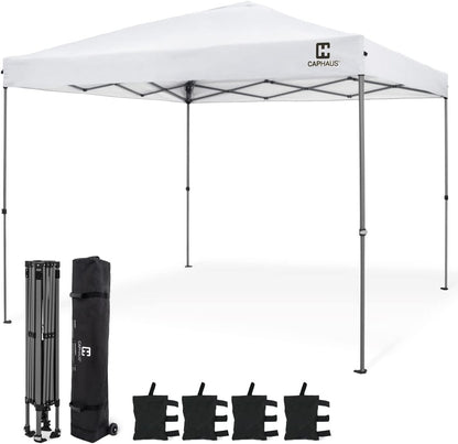 CAPHAUS Patented One-Push Pop Up Outdoor Canopy Tent, Heavy-Duty Commercial Grade w/Central Lock, Portable and Instant Folding Shelter with Wheeled Carry Bag and Weight Bag, 10ft x 10ft, White