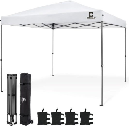 CAPHAUS 12ft x 12ft Patented One-Push Pop Up Outdoor Canopy Tent, Heavy-Duty Commercial Grade w/Central Lock, Portable and Instant Folding Shelter with Wheeled Carry Bag and Weight Bag, White