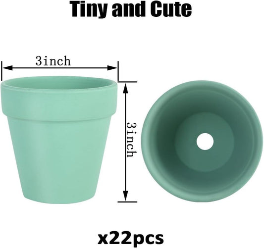 3 Inch Terracotta Pots - 22Pack Clay Flower Pots with Drainage Hole, Succulent Nursery Pot/Cactus Plant Pot. Great for Plants, Crafts, Wedding Favorn, DIY Production (Light green)
