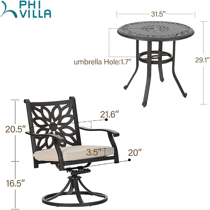 PHI VILLA 3 Pcs Cast Aluminum Patio Bistro Set, 2 Extra Wide Swivel Chairs with Cushion & 1 Round Bistro Dining Table with Umbrella Hole
